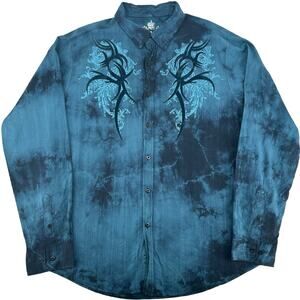 VTG y2k Men's Blue Black Tie Dye Velour Helix Cyber Casual Button Up Shirt 2XL